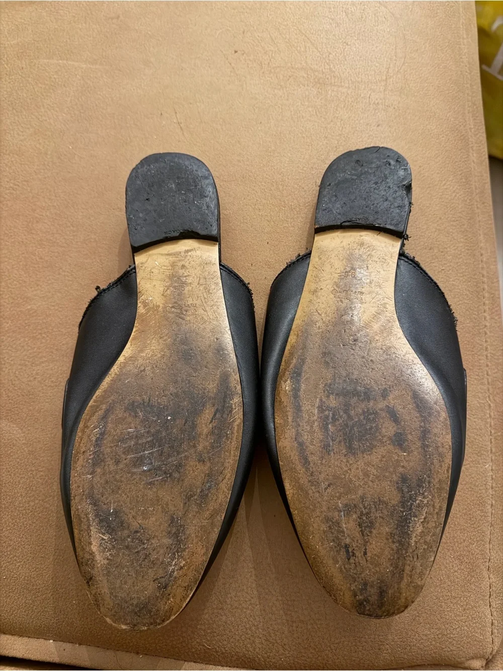 COACH Women's Black Leather Slide Mules with Gold Horse Accent ***peeling, poor